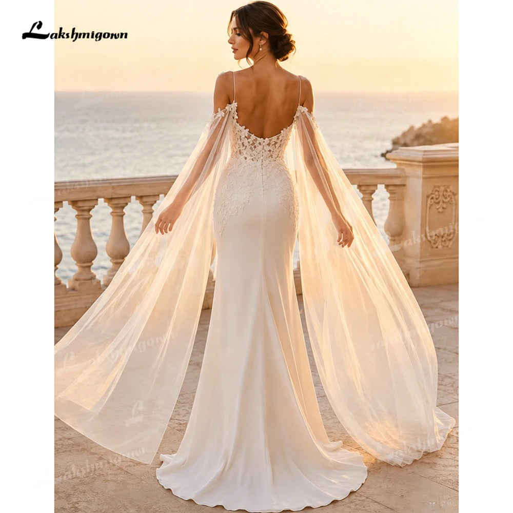 Romantic Spaghetti Strap Wedding Dress Lace Mermaid Bridal Gowns Detachable Tulle Cape Wedding Gowns Vestido De Novia Customized