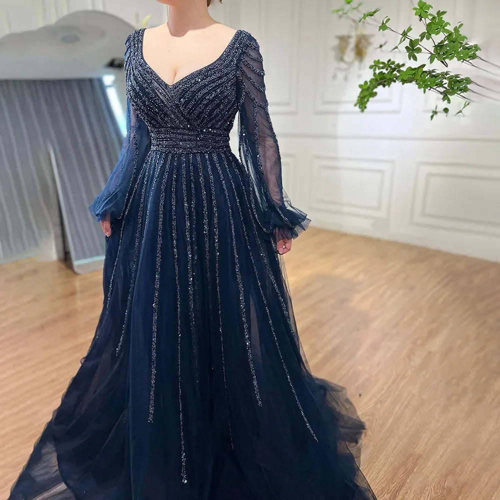 Serene Hill Customized Navy Long Sleeves A-Line Beaded Arabic Evening Dresses Gowns 2024 For Women Wedding Party DLA71867