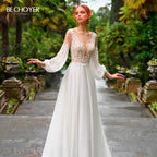Wedding Dress Long Sleeve A-Line Appliques Beaded Bride Gown Beach Princess BECHOYER HB78 Plus Size Customized Vestido de Noiva