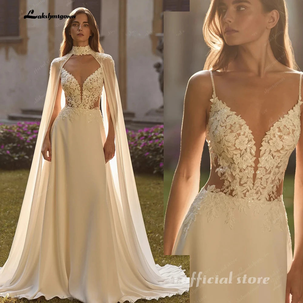 Lakshmigown Bohemian Wedding Dress A Line with Detachable Cape Boho Lace V Neck Crepe Open Back Bridal Dresses Woman Customized