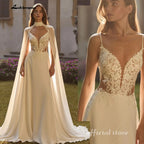 Lakshmigown Bohemian Wedding Dress A Line with Detachable Cape Boho Lace V Neck Crepe Open Back Bridal Dresses Woman Customized