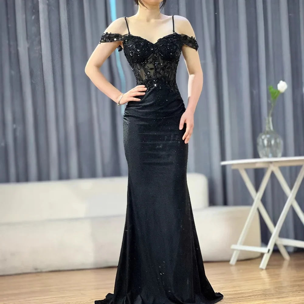 Vestido de Baile Preto Elegante de Alças Caídas com Renda LA72999