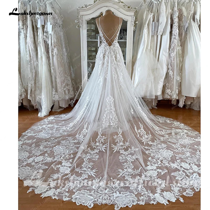 Lakshmigown Spaghetti Straps Lace Wedding Dress Sexy Bridal Robe Plunging V Neck Tulle Boho Wedding Gown Abiti Sposa Customized
