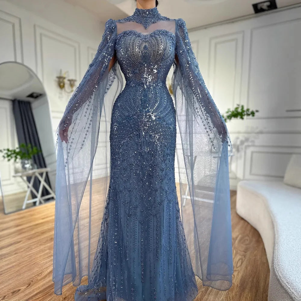 Abito da sera modesto lussuoso blu sirena con mantella LA73006