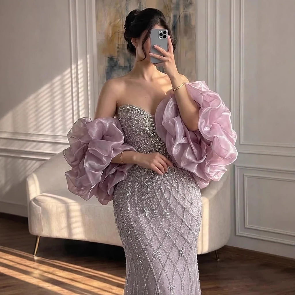 Serene Hill 2026 Pink Strapless Mermaid Luxury Beaded Evening Dresses with Cape Formal Party Gowns Customized DLA73411