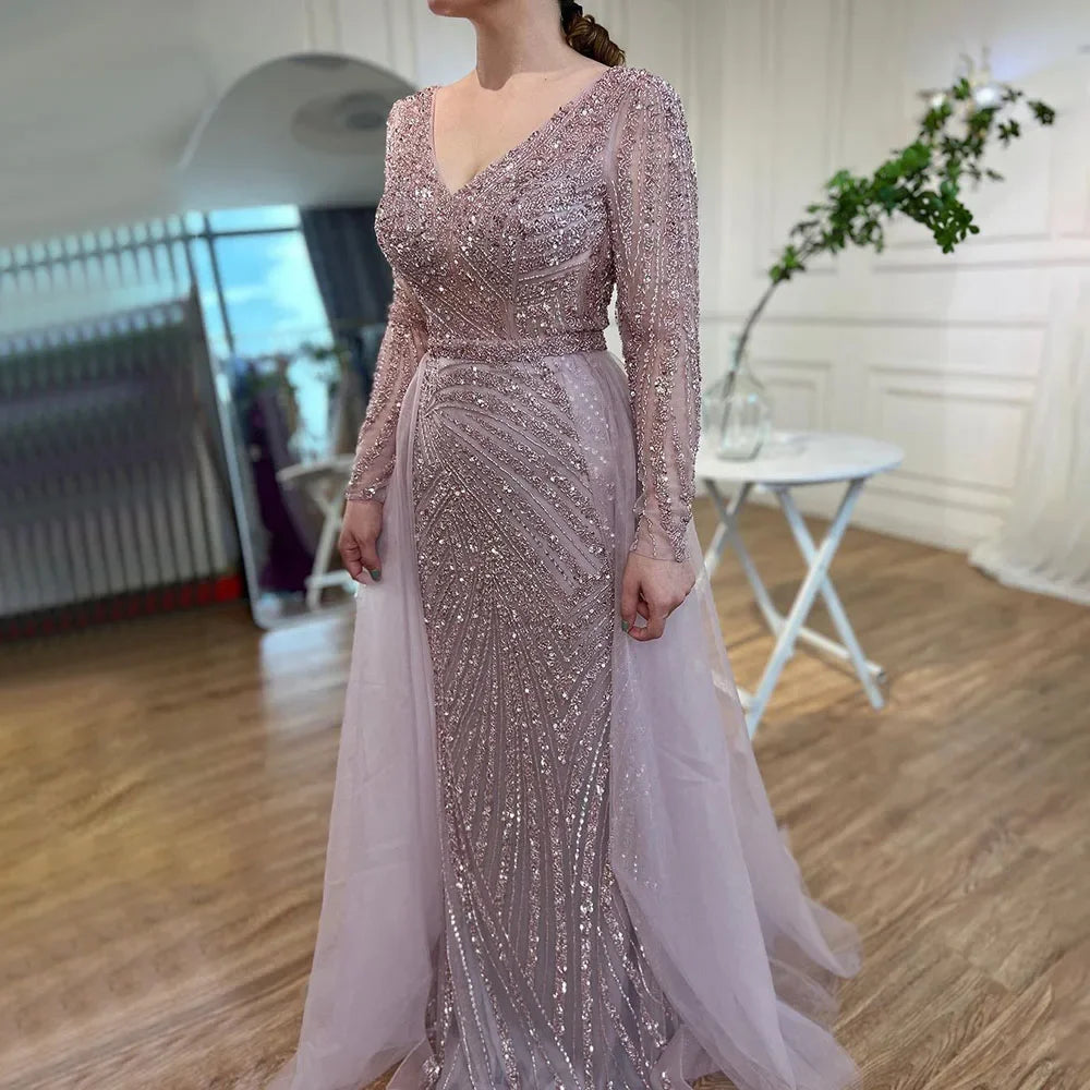 Nightbubo Customized Blue Grey V-Neck Mermaid Beaded Overskirt Evening Dresses Elegant Party Gowns For Women DLA71750