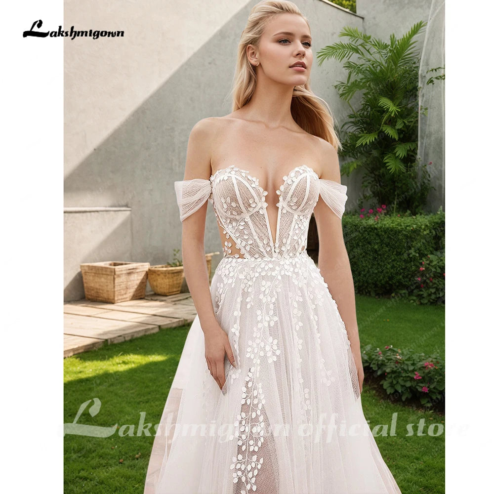 Lakshmigown Lace Boho Wedding Dress Off the Shoulder Customized Civil Bridal Beach Wedding Gowns Detachable Sleeves