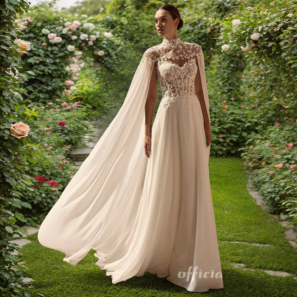 Lakshmigown Two-Piece Wedding Dress with Sheer Lace Corset Detachable Chiffon Cape  A Line Bridal Gown Customized