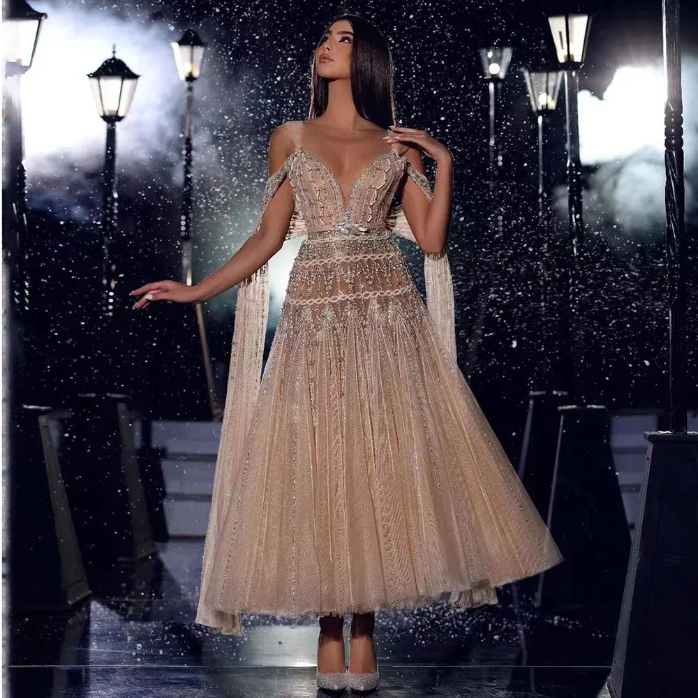 Serene Hill Customized 2025 Nude A-Line Midi Ankle Lengt Prom Dresses Glitter Beaded Evening Party Gowns for Women DLA71911