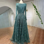 Serene Hill Customized Turquoise Muslim Long Sleeve A Line V-Neck Evening Dresses Beaded Party Gowns For Women 2025 DLA71940