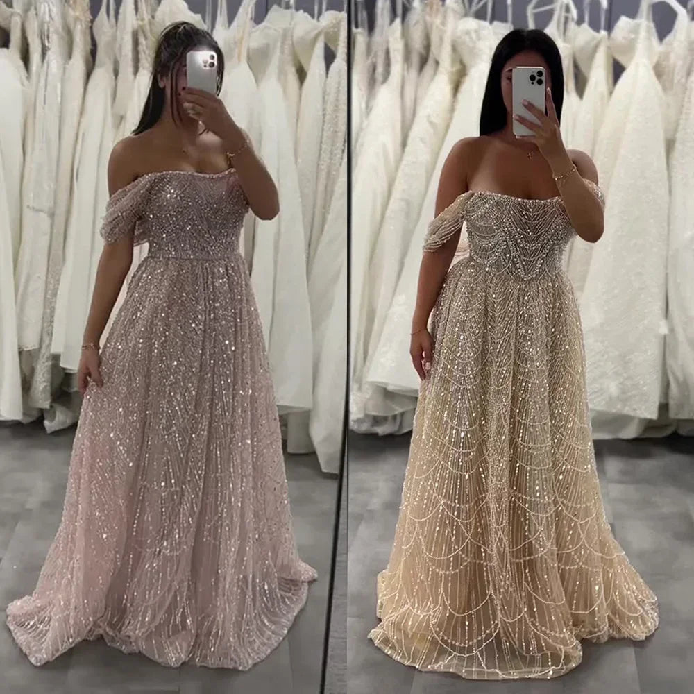 Serene Hill 2025 Customized Dubai Olive Green A Line Off Shoulder Evening Dresses With Pearl Beaded Design For Party DLA72738A