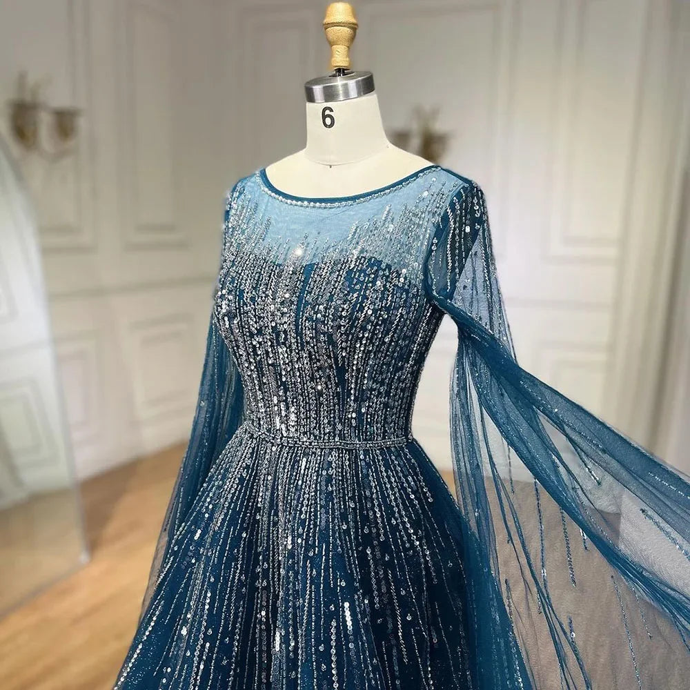 Serene Hill Blue Cape Sleeves A-Line Beaded Evening Dresses Customized Party Gowns for Women DLA72248A
