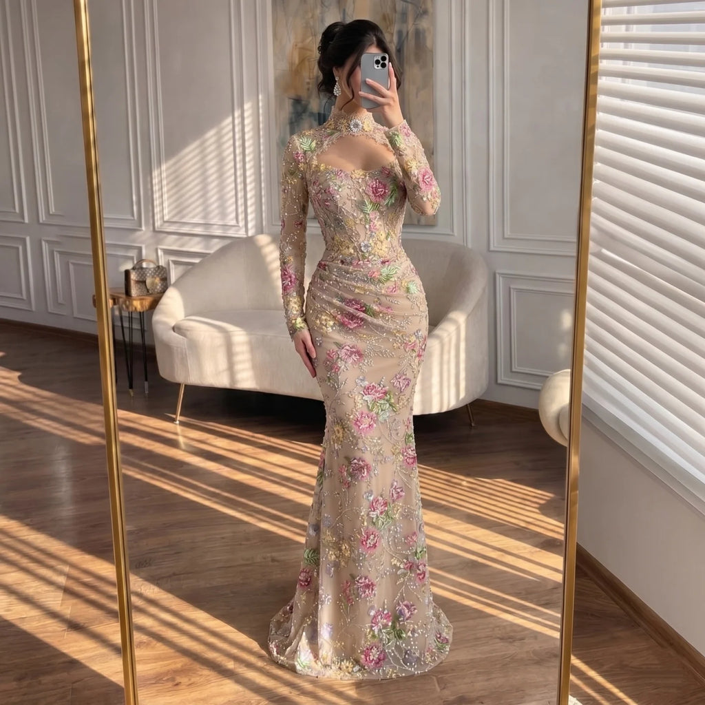Serene Hill Mermaid Long Sleeves Evening Dress Flower Pattern Formal Wedding Party Gowns for Women 2026 DLA73552F Customized
