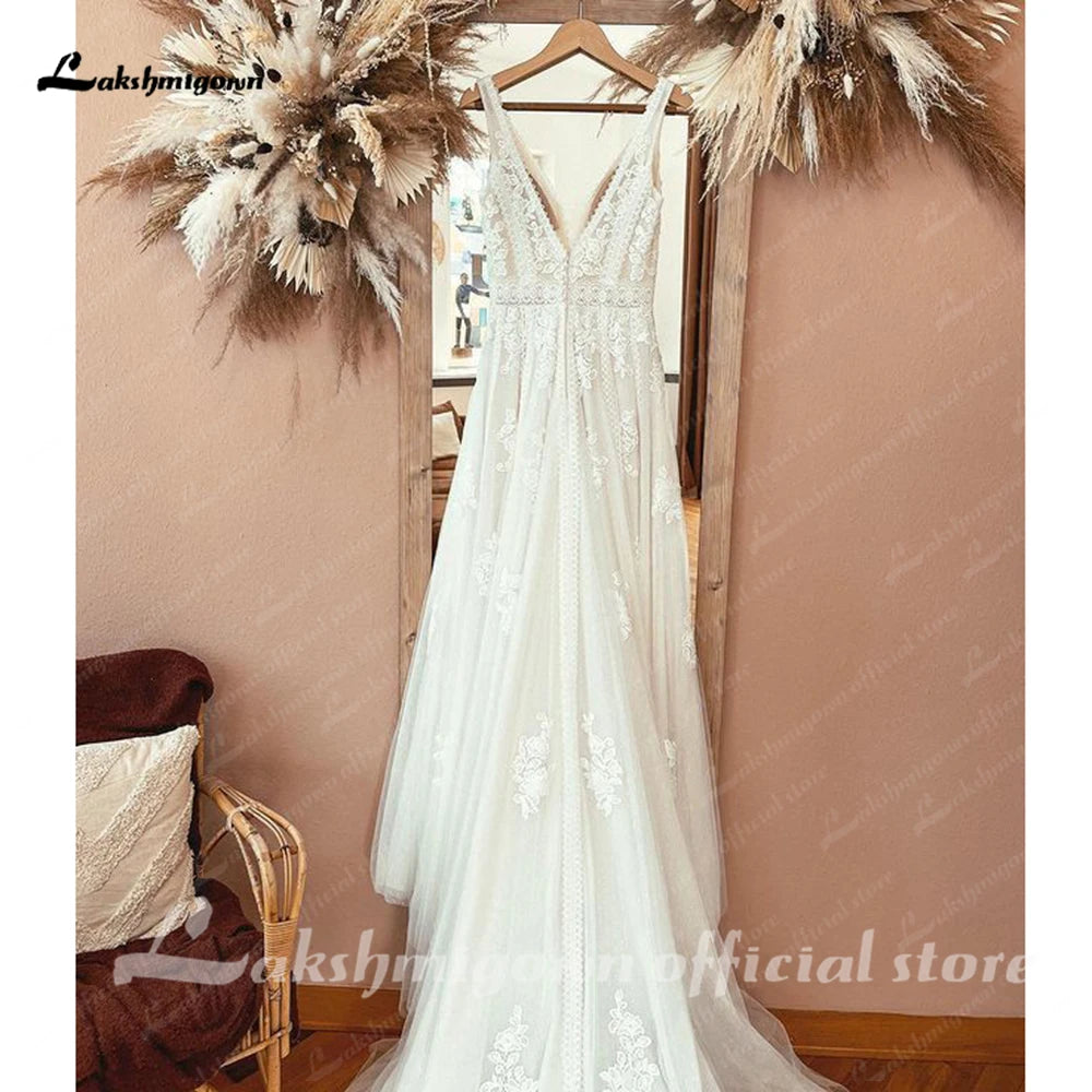 Lakshmigown Boho Lace Applique Elegant Plunging V Modest Wedding Dress Women Beach Robe De Mariage Bride Gowns