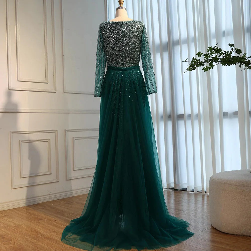 Serene Hill Green Square Collar Long Sleeve Mermaid Pearls Beaded Evening Party Gown Overskirt Dress DLA72032N Customized