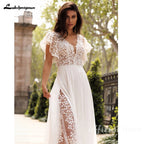 Lakshmigown Summer Boho Wedding Dresses Beach Lace High Slit Bride Dresses V Neck Wedding Gowns Short Sleeves Customized