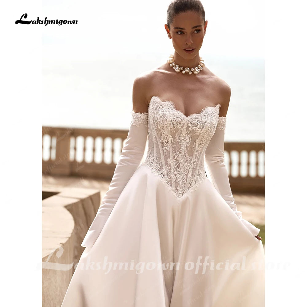 Lakshmigown Strapless Lace Wedding Dresses A Line Satin Court Train Off The Shoulder Brida Vestido De Novia Boda Customized