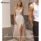 Lakshmigown Summer Split Side Lace Appliques V Neck Wedding Dress for Women Spaghetti Straps Bridal Gown Abito Da Sposa