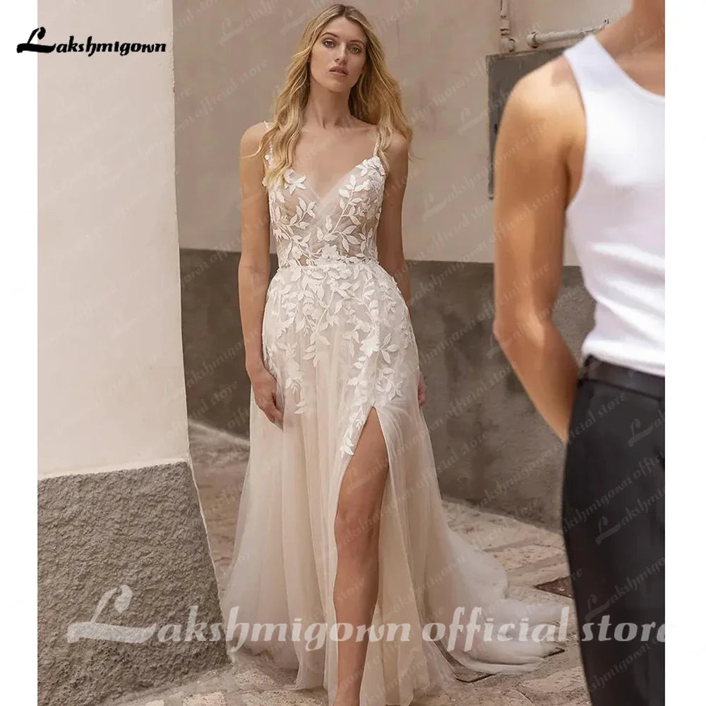 Lakshmigown Summer Split Side Lace Appliques V Neck Wedding Dress for Women Spaghetti Straps Bridal Gown Abito Da Sposa