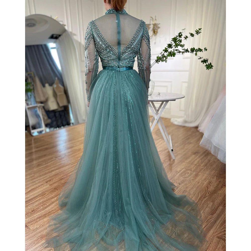 Serene Hill Customized Nude Long Sleeves Beaded Mermaid Dubai Evening Dresses 2025 Muslim Party Gowns for Veiled Women DLA71533