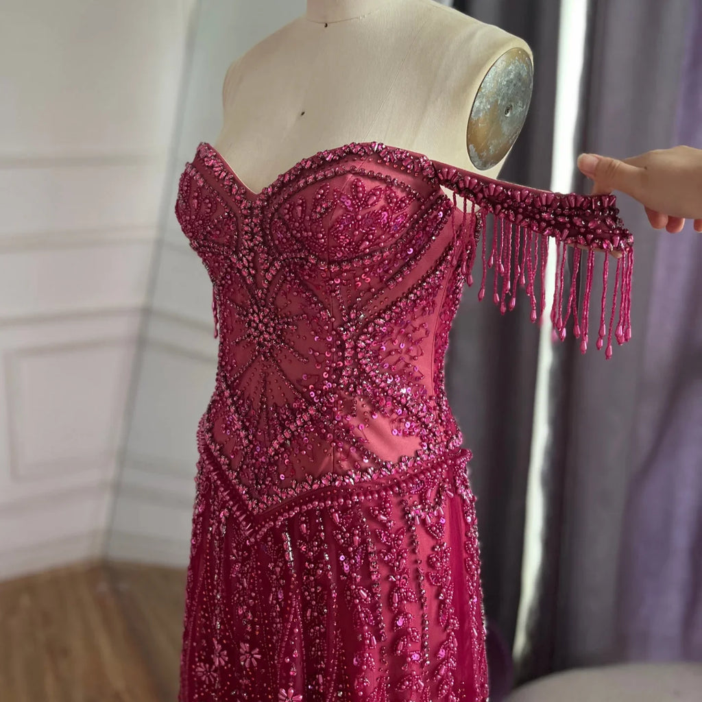 Serene Hill 2026 Off-Shoulder Fuchsia Beaded Evening Dress Elegant Wedding Party Gown for Women DLA73594 Customized
