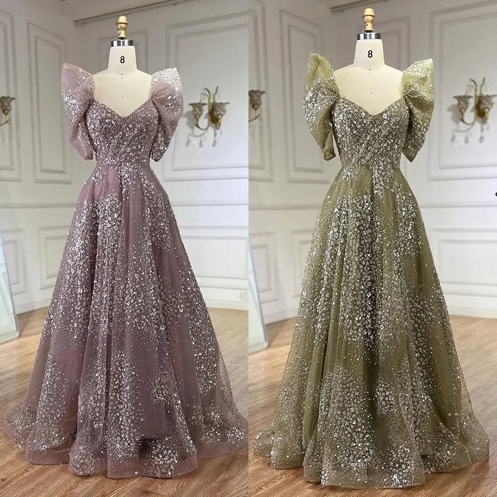Serene Hill Customized 2024 Pink A Line Beaded Evening Dresses Dubai Arabic Elegant Party Gown for Women Wedding Event DLA72447