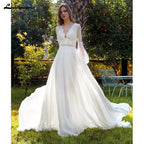 Lakshmigown Beach Boho Wedding Dresses 2026 New Lace Long Fuffy Sleeves Vestidos De Boda V-Neck Bridal Gowns Chiffon Customized