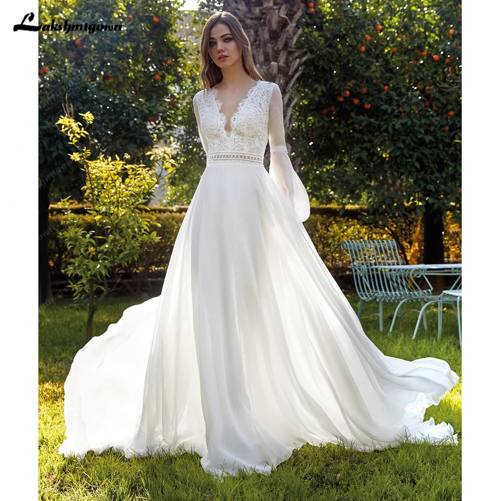 Lakshmigown Beach Boho Wedding Dresses 2026 New Lace Long Fuffy Sleeves Vestidos De Boda V-Neck Bridal Gowns Chiffon Customized