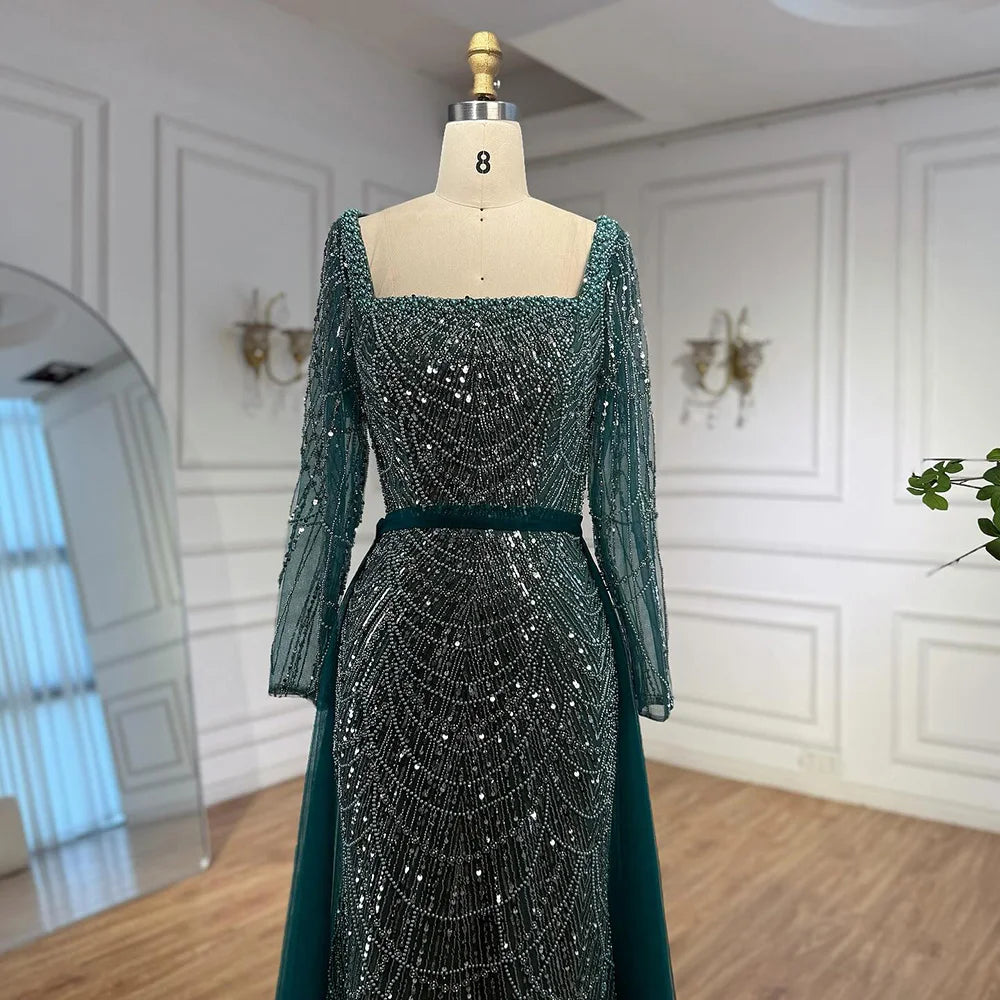 Serene Hill Green Square Collar Long Sleeve Mermaid Pearls Beaded Evening Party Gown Overskirt Dress DLA72032N Customized