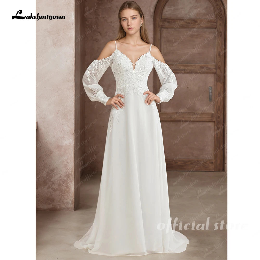 Lakshmigown Illusion Off White Wedding Dress Off Shoulder Long Sleeve Bridal Gown for Women Summer Vestido De Novia Customized