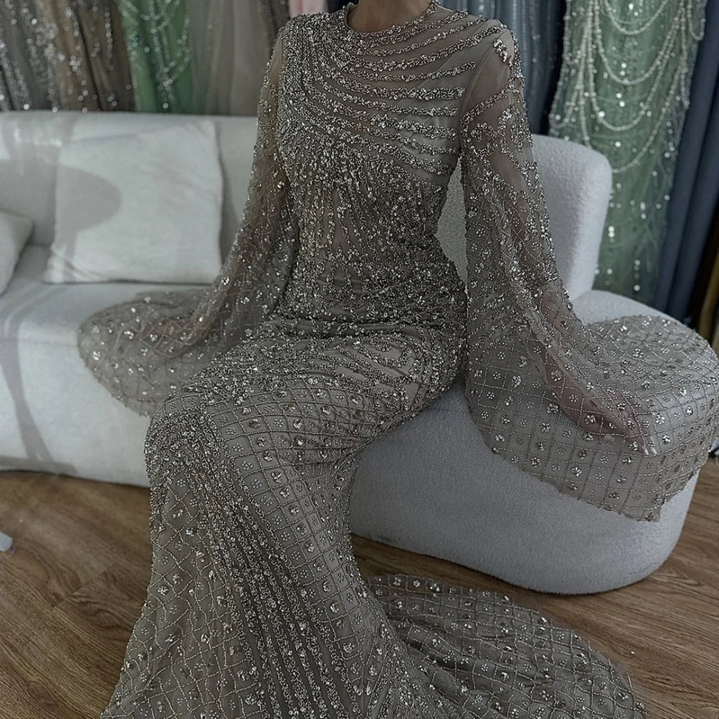 Serene Hill 2025 Flared Sleeves Caramel Beaded Dubai Mermaid Evening Dresses Gowns for Party DLA72771 Customized