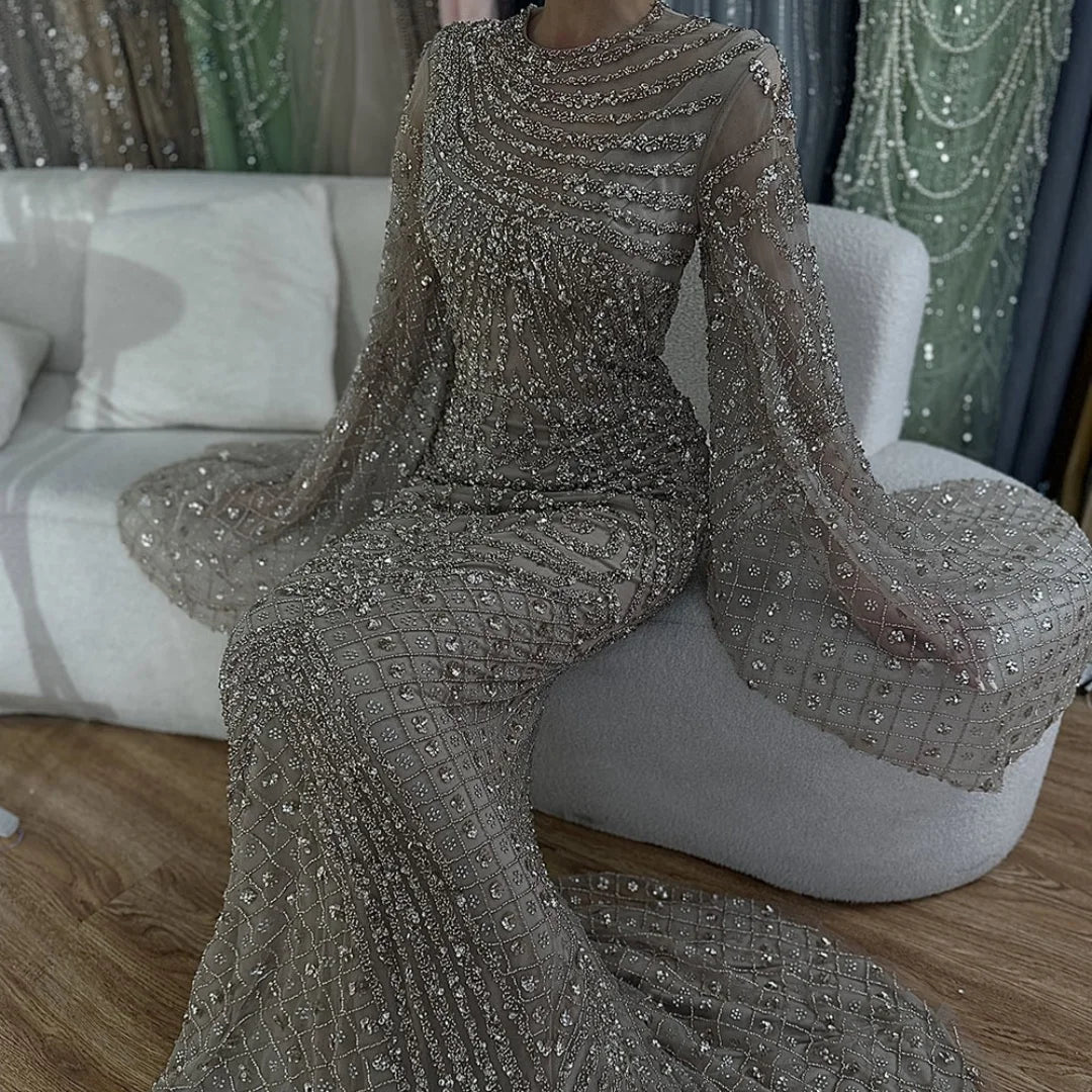 Serene Hill 2025 Flared Sleeves Caramel Beaded Dubai Mermaid Evening Dresses Gowns for Party DLA72771 Customized