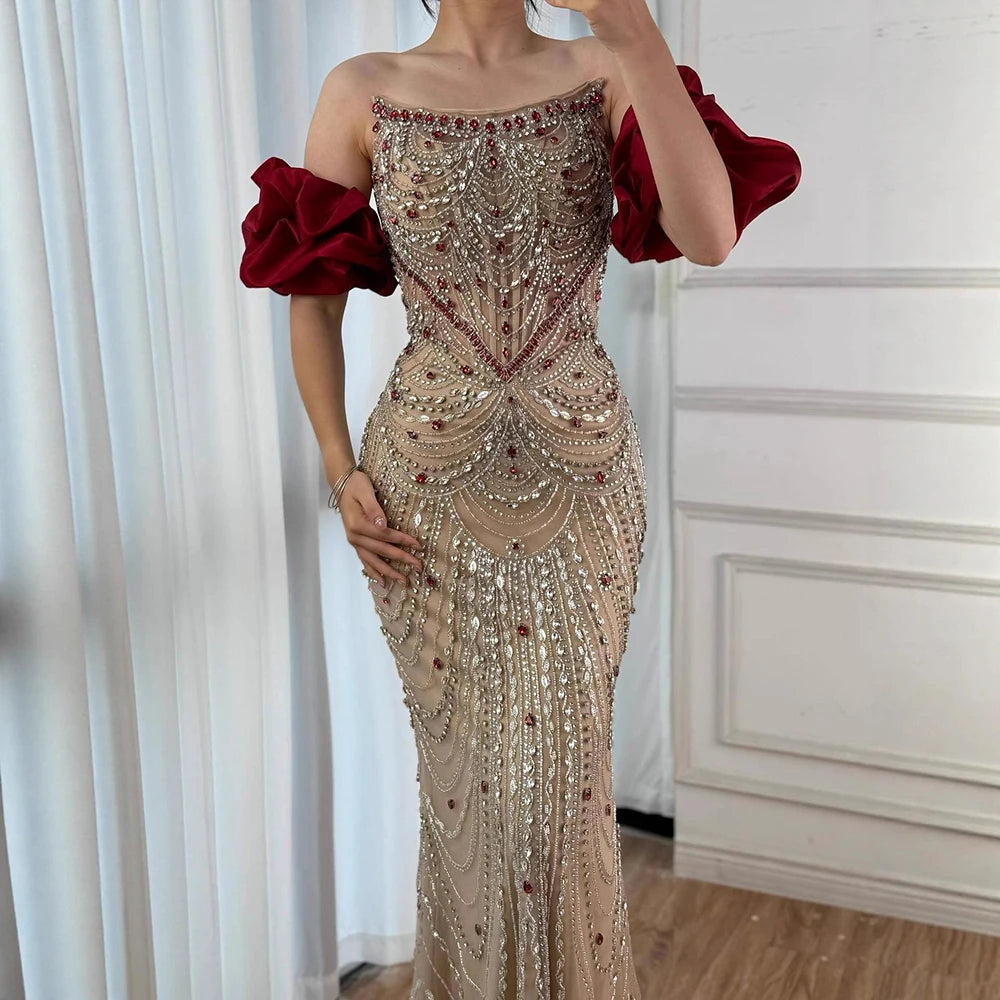 Luxury Beaded Evening Dresses with Elegant Puff Sleeves Pearl Beaded Adorned Design Serene Hill DLA72903 Customized