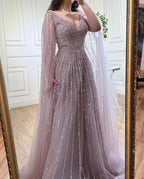 Serene Hill Customized Pink A-Line Cape Sleeves Luxury Beaded Evening Dresses Party Gowns 2025 For Women Wedding DLA71567