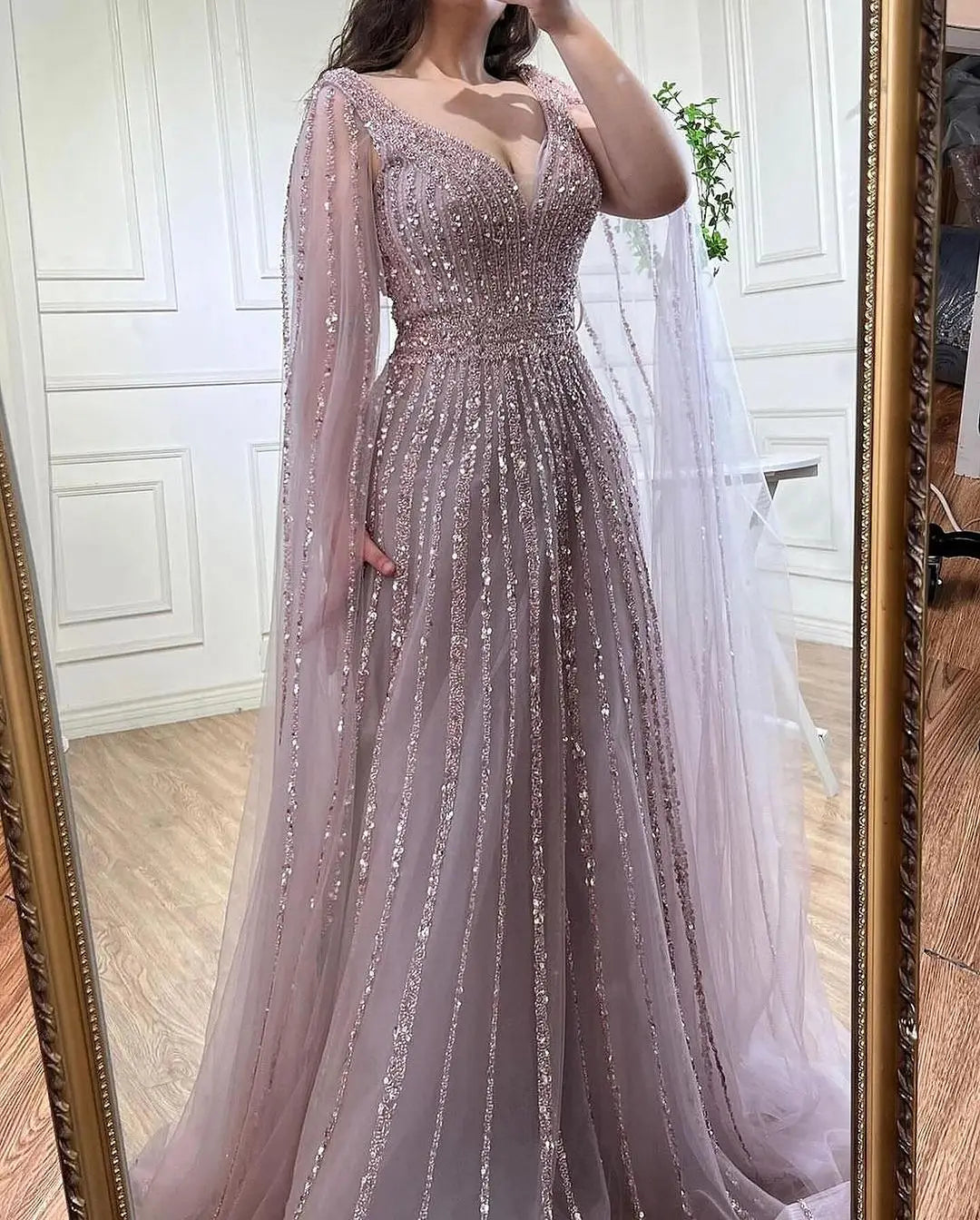 Serene Hill Customized Pink A-Line Cape Sleeves Luxury Beaded Evening Dresses Party Gowns 2025 For Women Wedding DLA71567