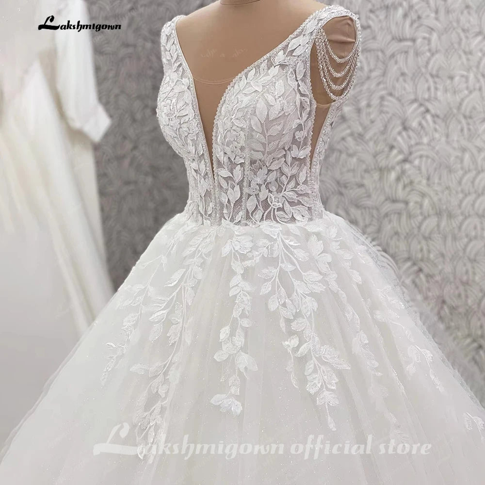 Lakshmigown V-Neck Wedding Dress with Beads Tassel Shoulders Illusion Long Bridal Dresses Lace Up Back Customized