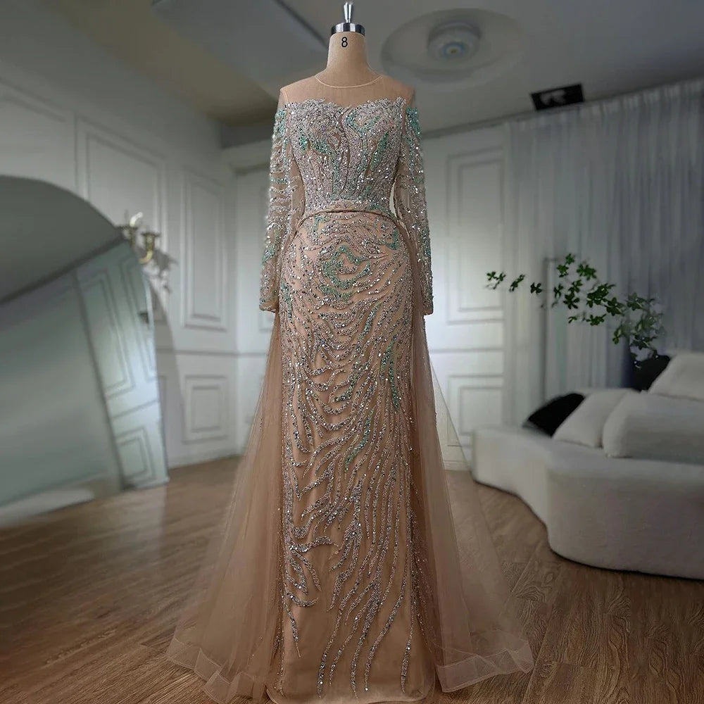 Serene Hill Nude Mermaid Long Sleeve Evening Dress with Overskirt Luxury Beaded Wedding Party Gown for Women Customized DLA71995