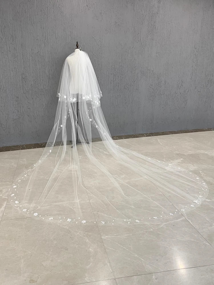 2T Wedding Veil 3D Flowers Long Bridal Veils Pearls Bride Veil Customized