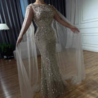 Serene Hill Customized Caramel O-Neck Mermaid Evening Dress with Cape Sleeve 2026 Wedding Party Gowns for Women DLA71804