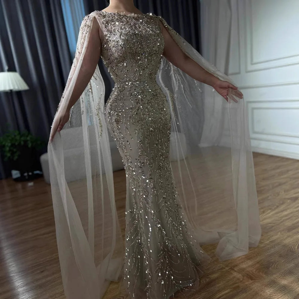 Serene Hill Customized Caramel O-Neck Mermaid Evening Dress with Cape Sleeve 2026 Wedding Party Gowns for Women DLA71804