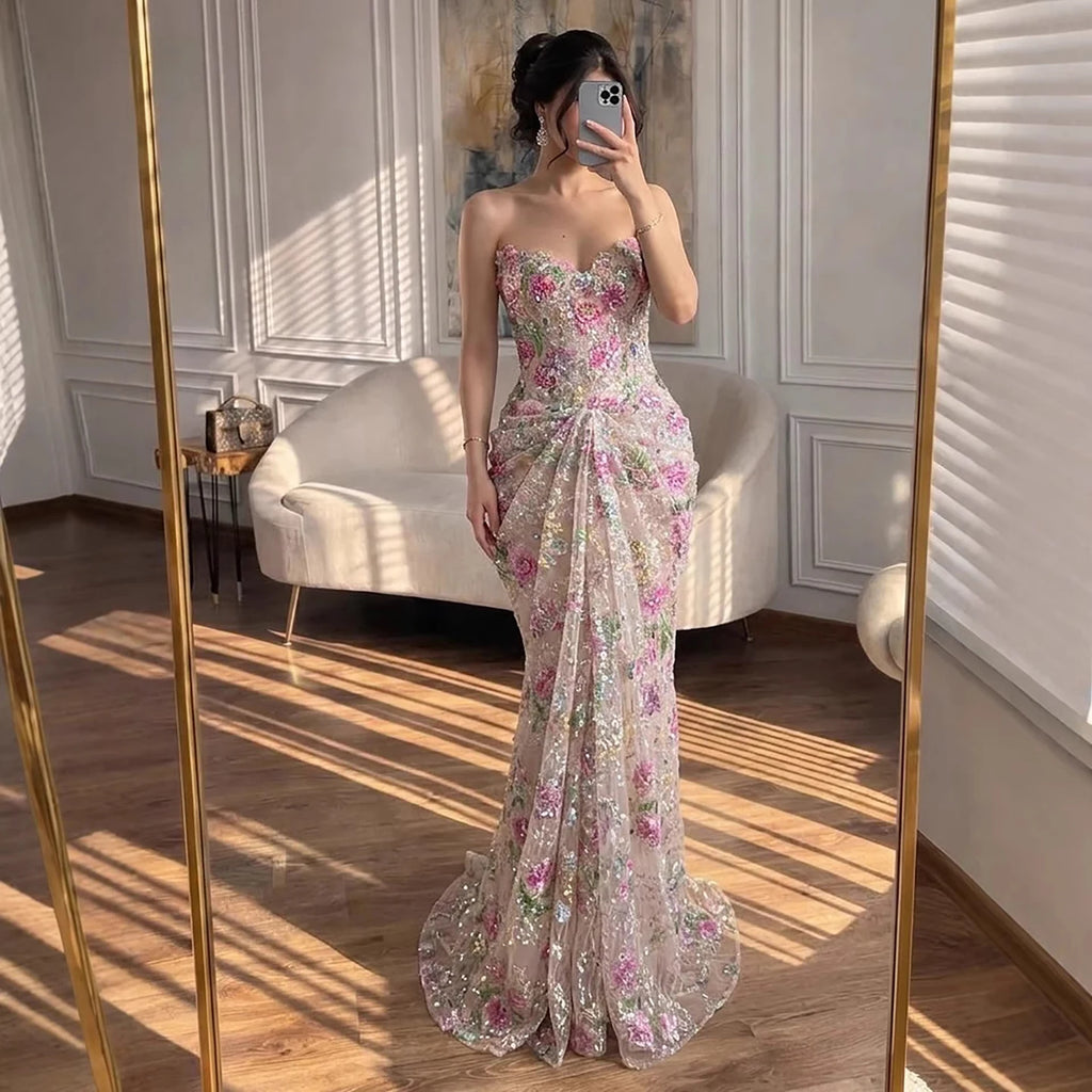 Serene Hill Strapless Mermaid Evening Dress Flower Pattern Formal Wedding Party Gowns for Women 2026 Customized DLA73552