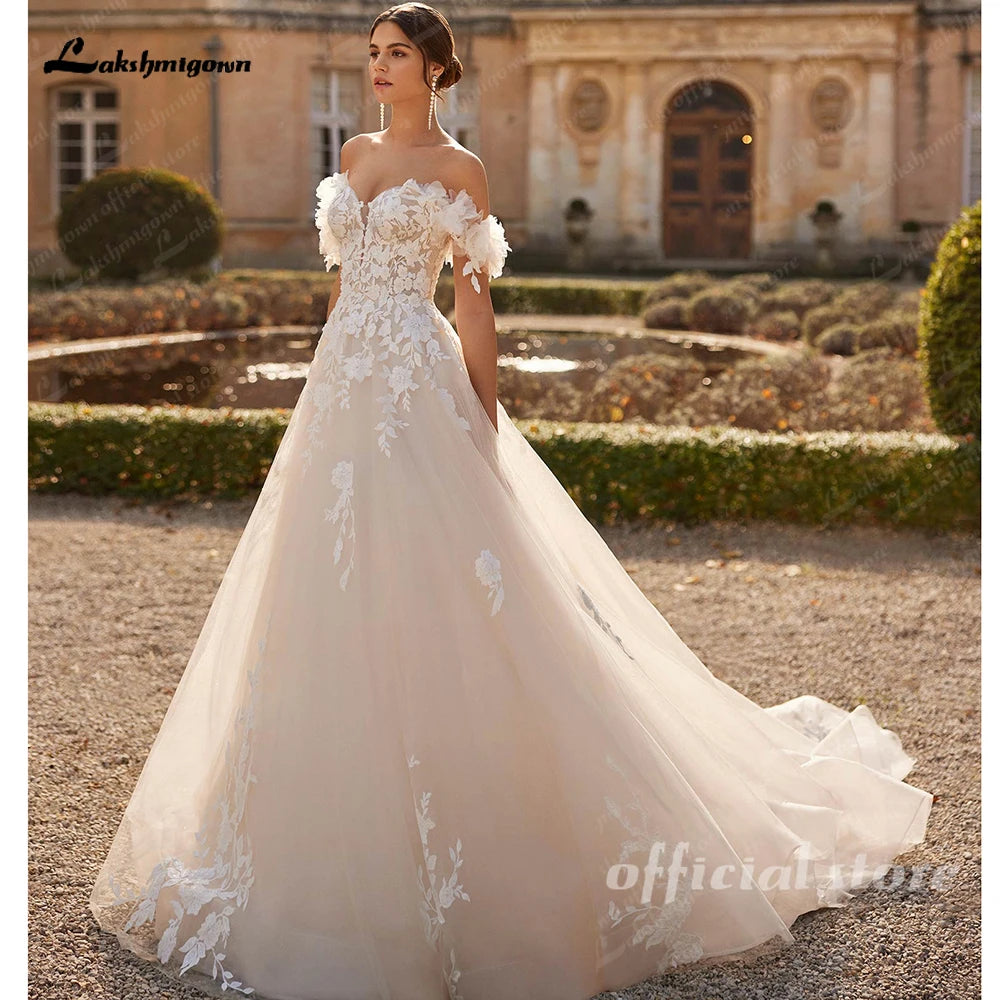Lakshmigown Sweetheart Tulle Wedding Dress Sequins Appliques Lace Off Shoulder Bridal Gown Vestidos Customized
