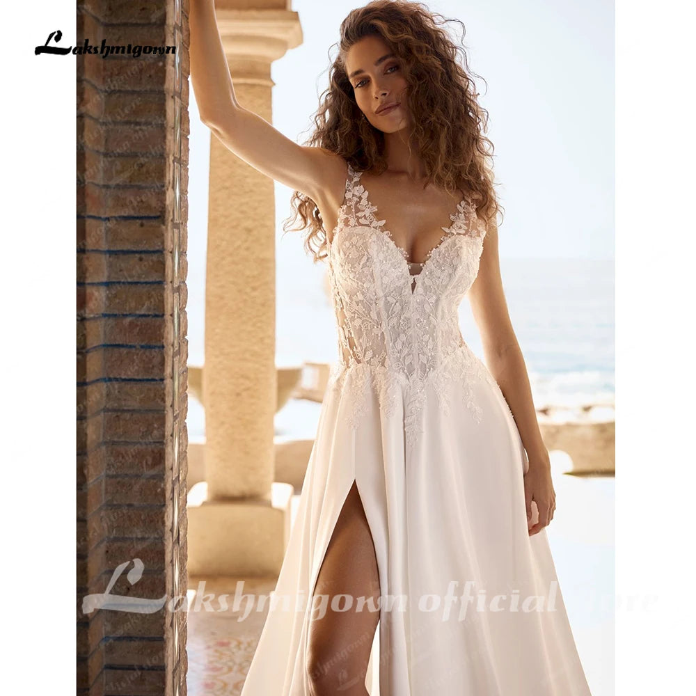 Lakshmigown Beach Wedding Dress Woman Bride Dresses V Neck Sleeveless Lace Applique Side Slit Chiffon A Line Bridal Gown for Lad