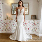 Lakshmigown Elegant Mermaid Wedding Dresses Deep V‑Neck Illusion Low Back Beaded Lace Appliques Satin Bridal Gown Customizedn
