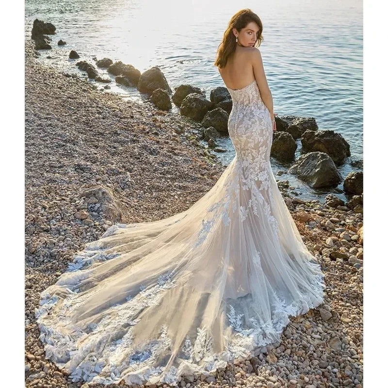 Lakshmigown Sweetheart Mermaid Wedding Dresses For Mariages Appliques Lace Court Train Tulle Vestido De Casamento Customized