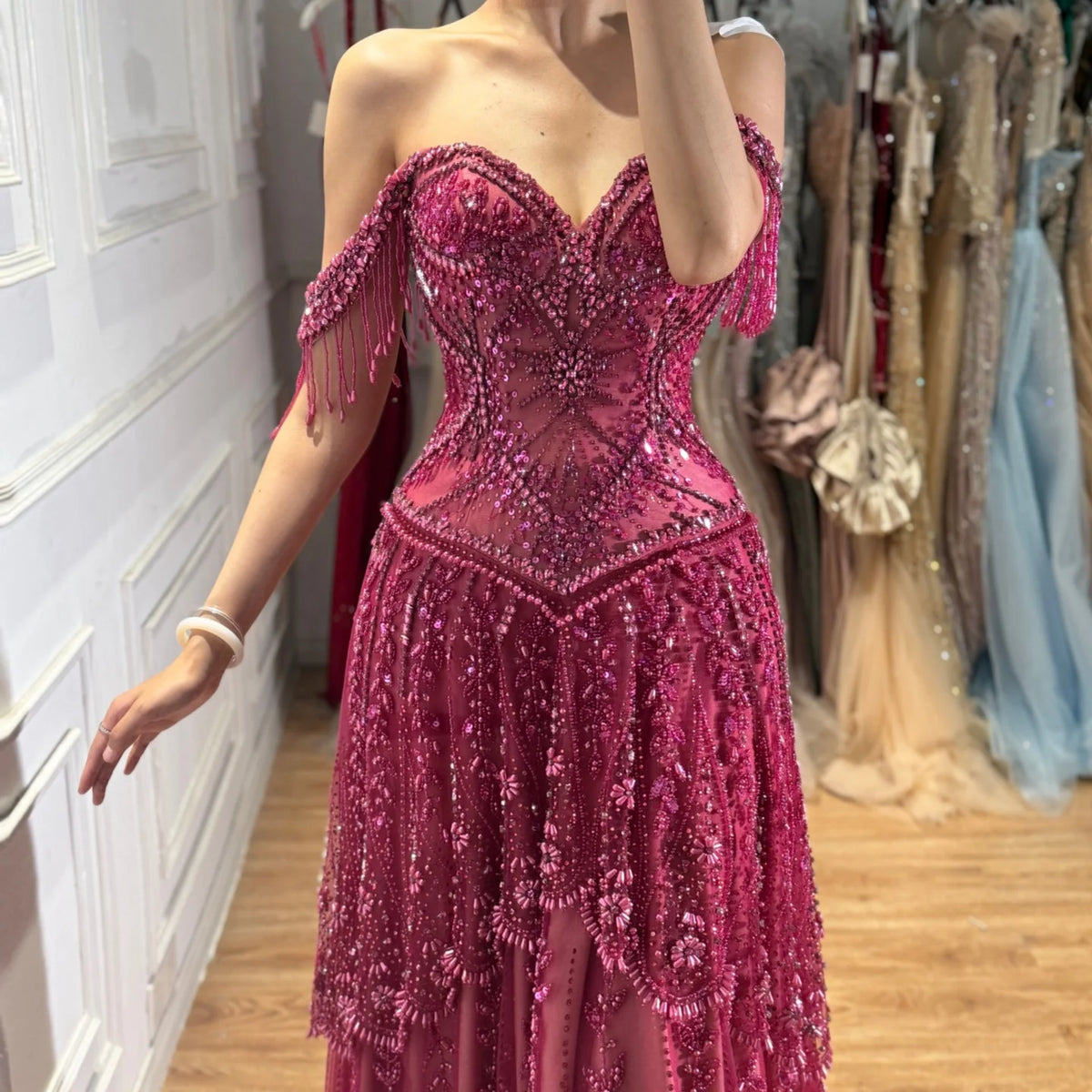 Serene Hill 2026 Off-Shoulder Fuchsia Beaded Evening Dress Elegant Wedding Party Gown for Women DLA73594 Customized