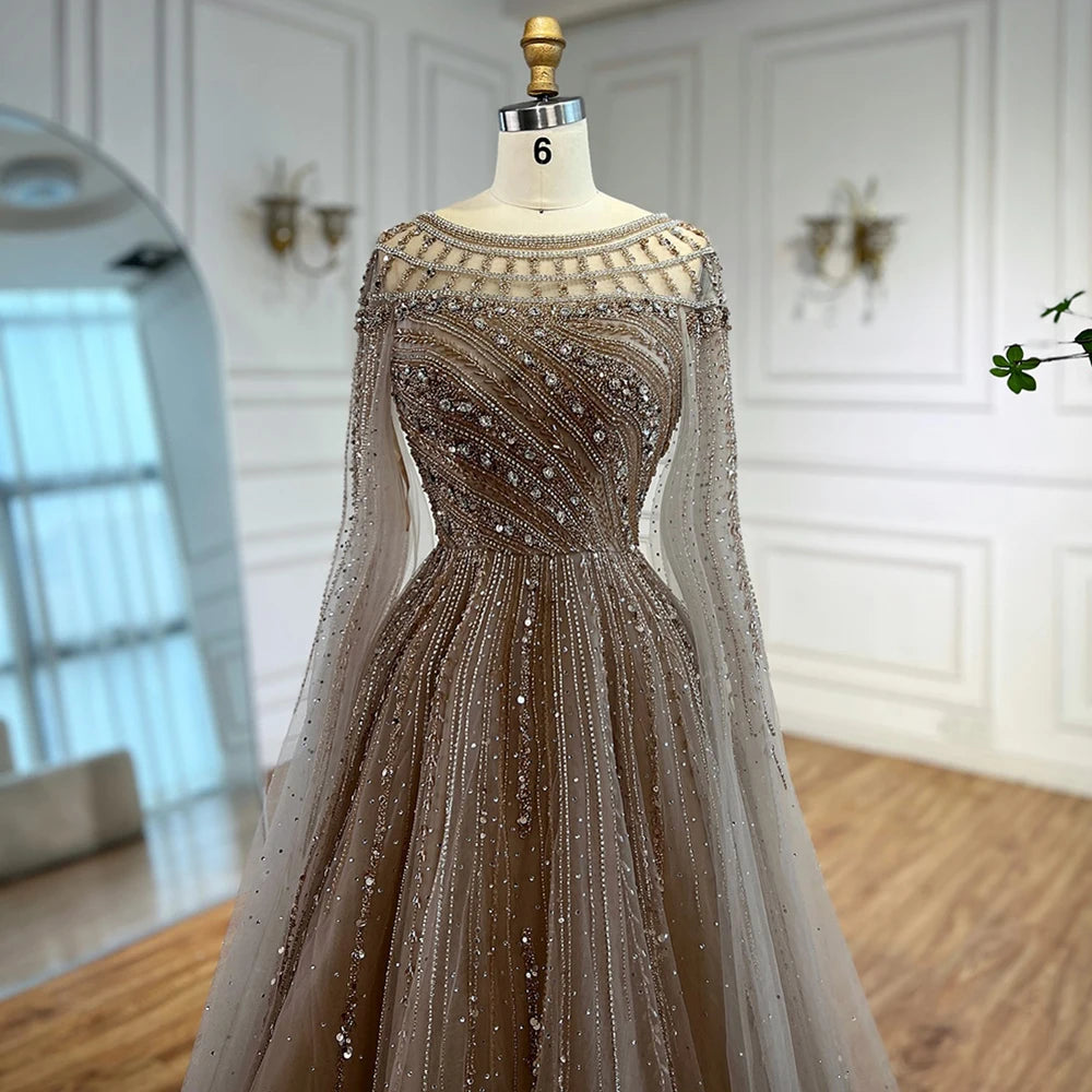 Serene Hill Pink A-line Evening Dress with Cape Sleeves Beaded Wedding Party Gowns for Women DLA72994 Customized