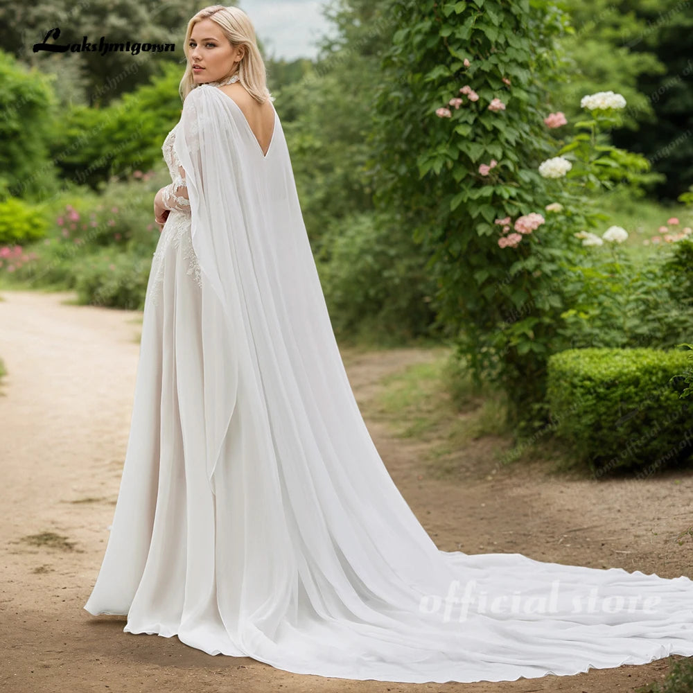 Lakshmigown Plus Size Long Sleeves Wedding Dress with Cape For Woman A Line Lace Appliques Vestidos De Casamento Customized