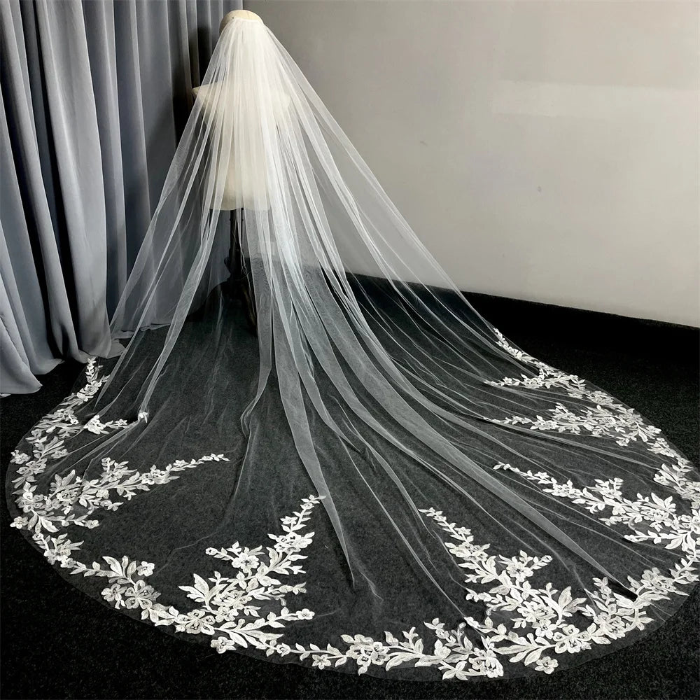 Real Photos Long Lace Appliques Wedding Veil White Ivory Cathedral 1 Layer Bridal Veil 3Meters Bride Veil