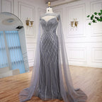 Abito da sera sirena con perline e mantella color nude lussuoso LA72814